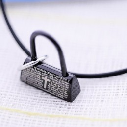 Collana Con Ciondolo In Titanio Con Lucchetto Nero, Versetto Della Bibbia E Croce