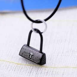 Collana Con Ciondolo In Titanio Con Lucchetto Nero, Versetto Della Bibbia E Croce