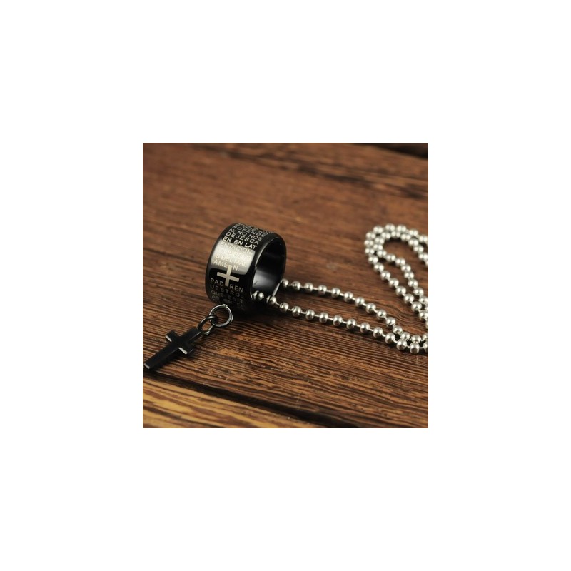 Collana Con Ciondolo In Titanio Nero Con Anello E Croce, Regalo Di Moda Collana Con Ciondolo In Titanio Nero Con Anello E Croce, Regalo Di Moda