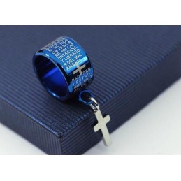 Squisita Collana Con Anello In Titanio Blu E Ciondolo A Croce