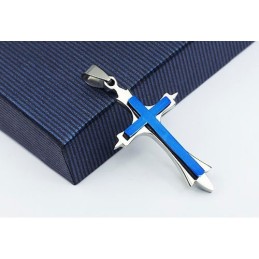 Elegante Ciondolo A Croce In Titanio Blu Da Uomo - Catena Gratuita