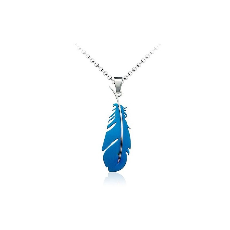 Ciondolo In Titanio A Forma Di Piuma Blu Da Uomo - Catena Gratuita Ciondolo In Titanio A Forma Di Piuma Blu Da Uomo - Catena Gratuita