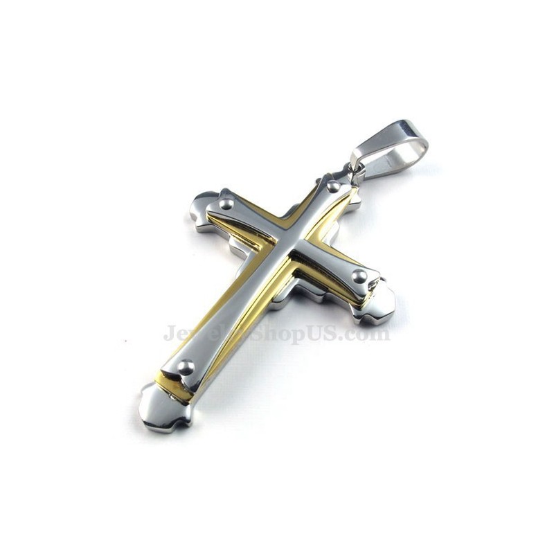 Collana Con Ciondolo A Tre Croci In Oro, Argento E Titanio (Catena Libera) Collana Con Ciondolo A Tre Croci In Oro, Argento E Titanio (Catena Libera)