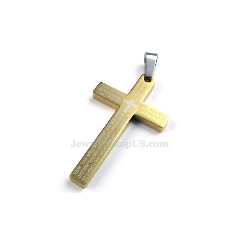 Collana Con Ciondolo A Croce In Titanio E Oro Con Scritture (Catena Gratuita) Collana Con Ciondolo A Croce In Titanio E Oro Con Scritture (Catena Gratuita)