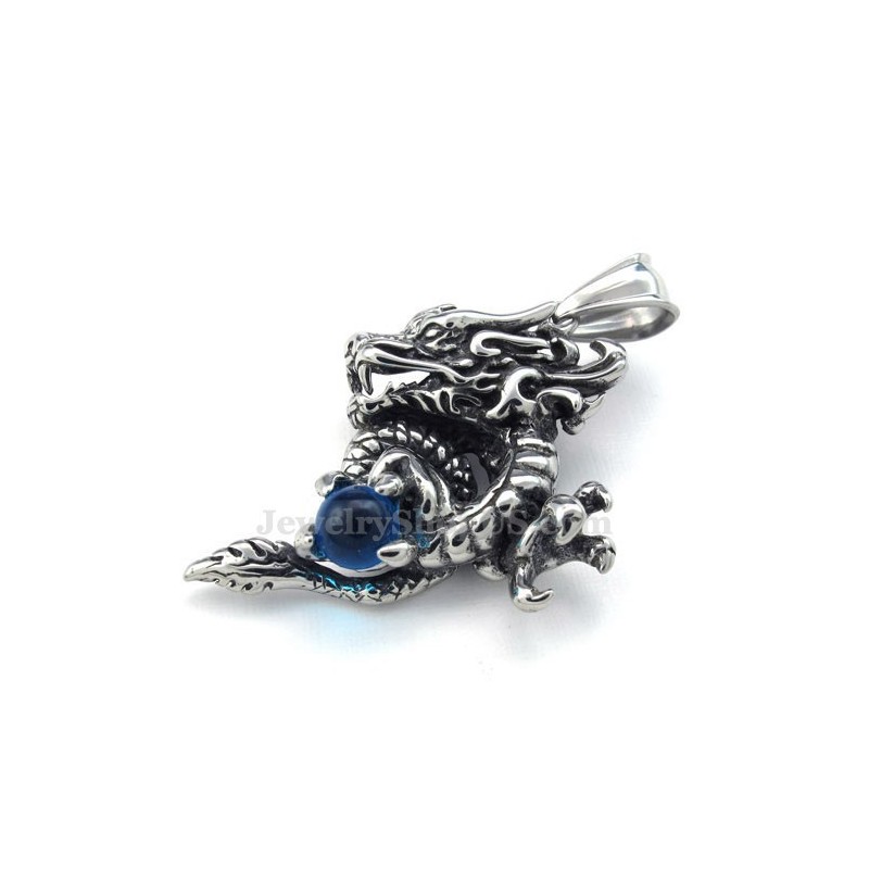 Collana Con Ciondolo A Forma Di Drago In Titanio E Zircone Blu (Catena Gratuita) Collana Con Ciondolo A Forma Di Drago In Titanio E Zircone Blu (Catena Gratuita)