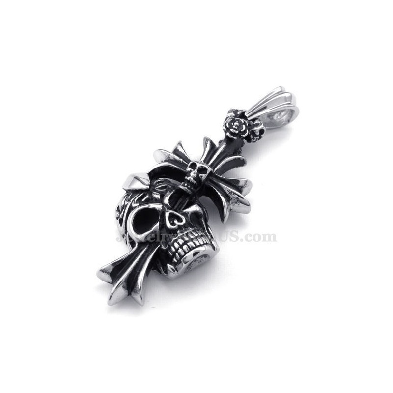 Collana Con Ciondolo A Croce Con Teschio In Titanio (Catena Gratuita)