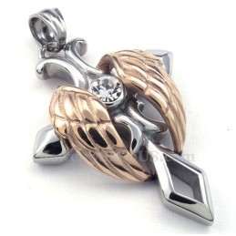 Collana Con Ciondolo A Croce In Titanio Con Ali D'Angelo In Oro Rosa (Catena Gratuita)