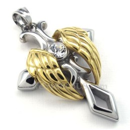Collana Con Ciondolo A Croce In Titanio Con Ali D'Angelo Dorate (Catena Gratuita)