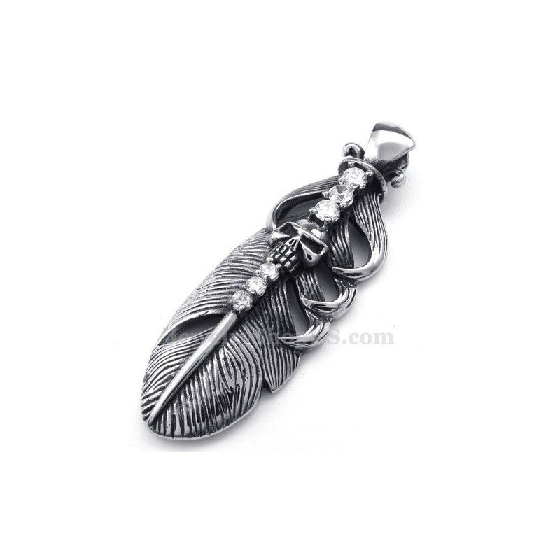 Collana Con Ciondolo A Forma Di Piuma In Titanio Ornata Con Teschio (Catena Gratuita) Collana Con Ciondolo A Forma Di Piuma In Titanio Ornata Con Teschio (Catena Gratuita)