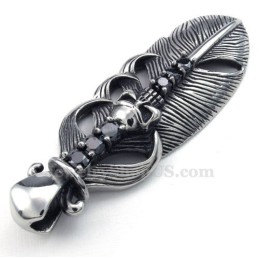 Collana Con Ciondolo A Forma Di Piuma In Titanio Ornata Con Teschio (Catena Gratuita)
