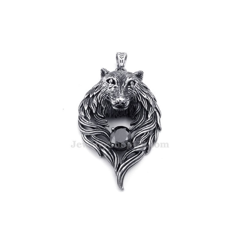 Collana Con Ciondolo A Forma Di Lupo In Titanio E Zircone Nero (Catena Libera) Collana Con Ciondolo A Forma Di Lupo In Titanio E Zircone Nero (Catena Libera)