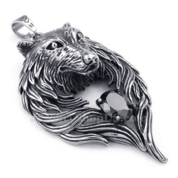 Collana Con Ciondolo A Forma Di Lupo In Titanio E Zircone Nero (Catena Libera)