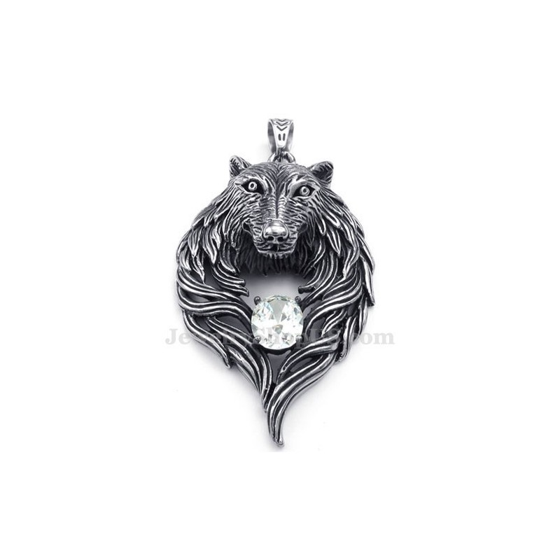 Collana Con Ciondolo A Forma Di Lupo In Titanio E Zircone Bianco (Catena Libera) Collana Con Ciondolo A Forma Di Lupo In Titanio E Zircone Bianco (Catena Libera)