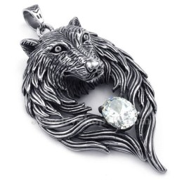 Collana Con Ciondolo A Forma Di Lupo In Titanio E Zircone Bianco (Catena Libera)