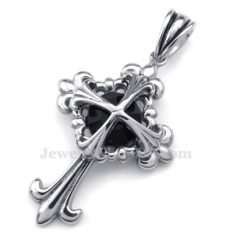 Collana Con Ciondolo A Croce Con Fiore In Titanio E Zircone Nero (Catena Libera)