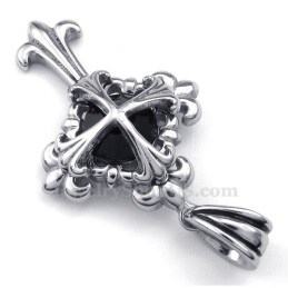 Collana Con Ciondolo A Croce Con Fiore In Titanio E Zircone Nero (Catena Libera)