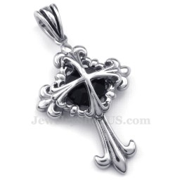 Collana Con Ciondolo A Croce Con Fiore In Titanio E Zircone Nero (Catena Libera)