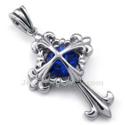 Collana Con Ciondolo A Croce Con Fiore In Titanio E Zircone Blu (Catena Libera)