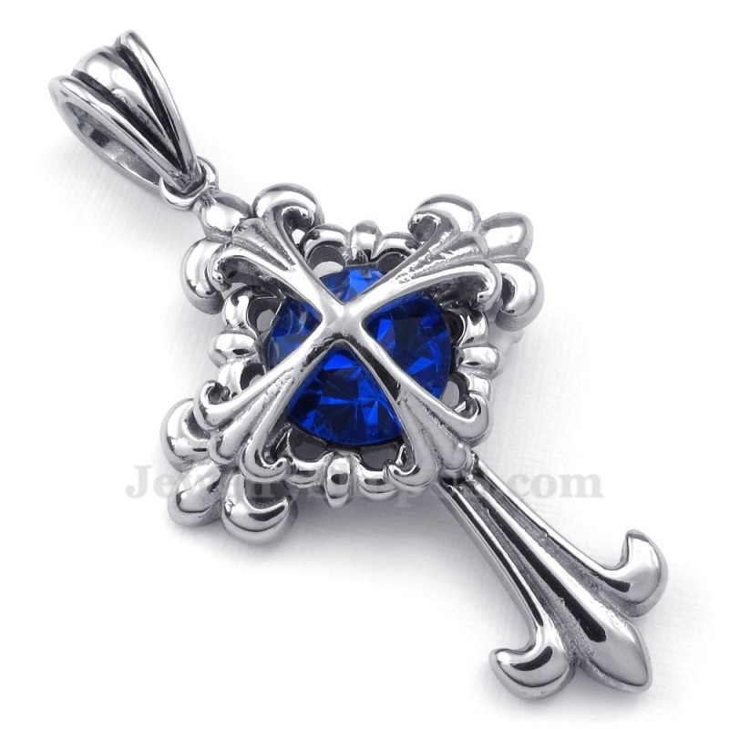 Collana Con Ciondolo A Croce Con Fiore In Titanio E Zircone Blu (Catena Libera) Collana Con Ciondolo A Croce Con Fiore In Titanio E Zircone Blu (Catena Libera)