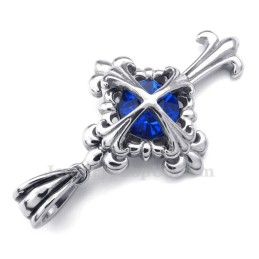 Collana Con Ciondolo A Croce Con Fiore In Titanio E Zircone Blu (Catena Libera)