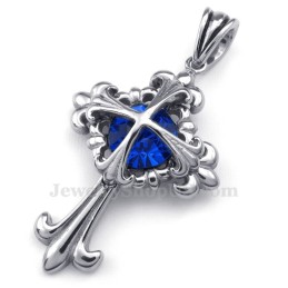 Collana Con Ciondolo A Croce Con Fiore In Titanio E Zircone Blu (Catena Libera)