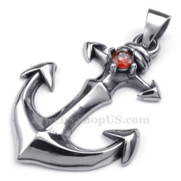 Collana Con Ciondolo In Titanio E Zircone Rosso Con Ancore (Catena Libera)
