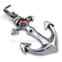 Collana Con Ciondolo In Titanio E Zircone Rosso Con Ancore (Catena Libera)
