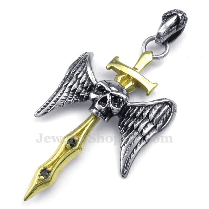 Collana Con Ciondolo A Croce Con Teschio In Titanio E Spada D'Oro (Catena Gratuita) Collana Con Ciondolo A Croce Con Teschio In Titanio E Spada D'Oro (Catena Gratuita)