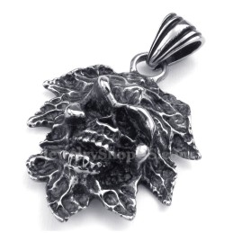 Collana Con Ciondolo A Forma Di Teschio In Titanio Con Foglia D'Albero (Catena Gratuita)