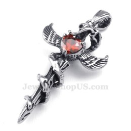 Collana Con Ciondolo A Croce In Titanio Con Ali Di Spada In Zircone Rosso (Catena Libera)