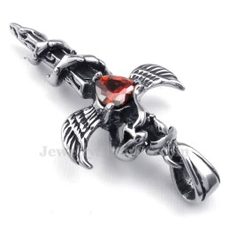 Collana Con Ciondolo A Croce In Titanio Con Ali Di Spada In Zircone Rosso (Catena Libera)