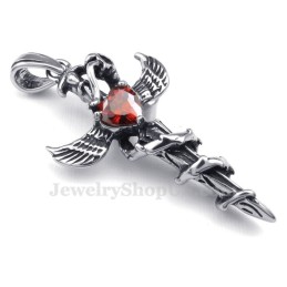 Collana Con Ciondolo A Croce In Titanio Con Ali Di Spada In Zircone Rosso (Catena Libera)