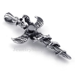 Collana Con Ciondolo A Croce In Titanio Con Ali Di Spada In Zircone Nero (Catena Libera)