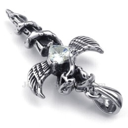 Collana Con Ciondolo A Croce In Titanio Con Ali Di Spada In Zircone Bianco (Catena Libera)