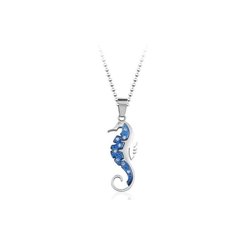 Nuovo Ciondolo In Titanio Kaup Con Ippocampo Blu E Diamanti - Catena Gratuita Nuovo Ciondolo In Titanio Kaup Con Ippocampo Blu E Diamanti - Catena Gratuita