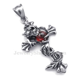 Collana Con Ciondolo A Croce In Titanio Con Perlina Rossa Del Drago (Catena Gratuita)