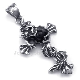 Collana Con Ciondolo A Croce In Titanio Con Perline Nere Di Drago (Catena Gratuita)