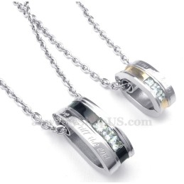 Collana Con Ciondolo Per Coppie Con Cerchi In Titanio E Zircone Bianco (Catena Libera) (Un Paio)