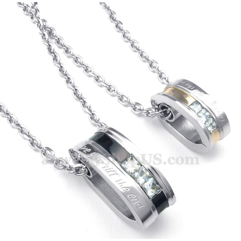 Collana Con Ciondolo Per Coppie Con Cerchi In Titanio E Zircone Bianco (Catena Libera) (Un Paio) Collana Con Ciondolo Per Coppie Con Cerchi In Titanio E Zircone Bianco (Catena Libera) (Un Paio)