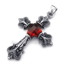 Collana Con Ciondolo A Croce In Zircone Rosso Titanio (Catena Gratuita)