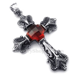 Collana Con Ciondolo A Croce In Zircone Rosso Titanio (Catena Gratuita)