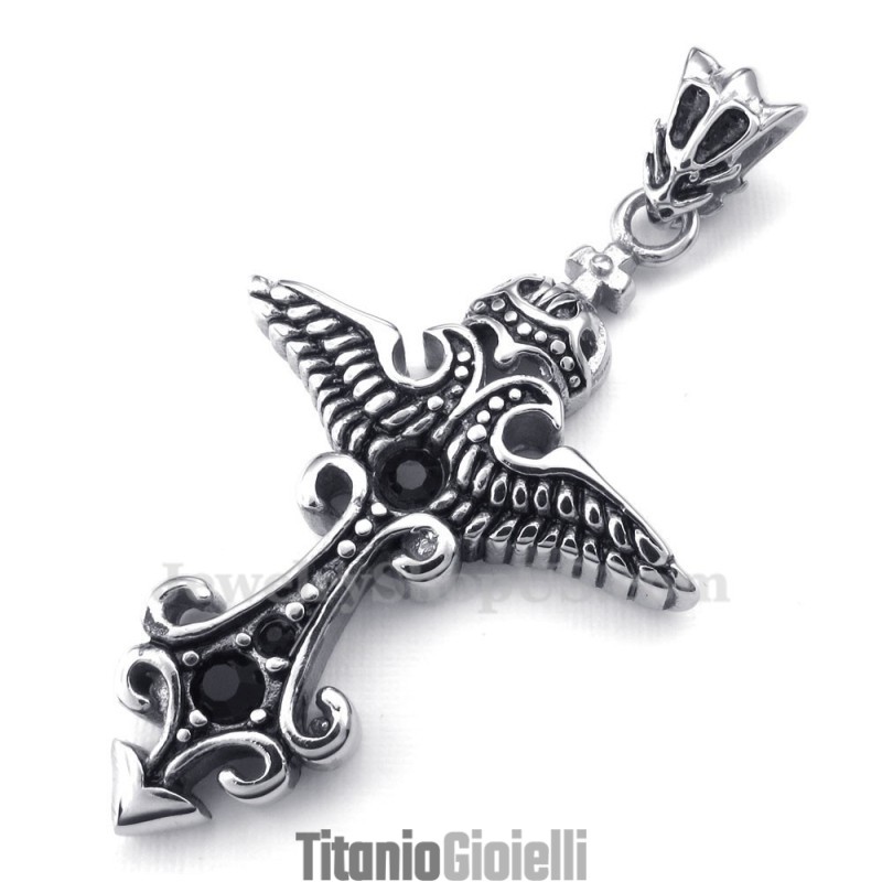 Collana Con Ciondolo In Titanio Con Zircone Nero (Catena Libera)