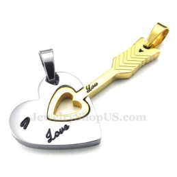Collana Con Ciondolo A Forma Di Cuore Con Freccia Di Cupido In Titanio E Oro (Catena Libera) (Un Paio)