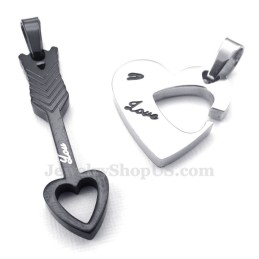 Collana Con Ciondolo A Forma Di Cuore Con Freccia Di Cupido In Titanio Nero (Catena Libera) (Un Paio)