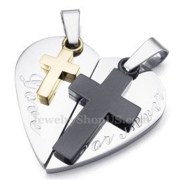 Collana Con Ciondolo A Forma Di Cuore A Doppia Croce In Titanio Per Coppie (Catena Libera) (Un Paio)