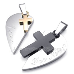 Collana Con Ciondolo A Forma Di Cuore A Doppia Croce In Titanio Per Coppie (Catena Libera) (Un Paio)