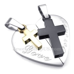 Collana Con Ciondolo A Forma Di Cuore A Doppia Croce In Titanio Per Coppie (Catena Libera) (Un Paio)