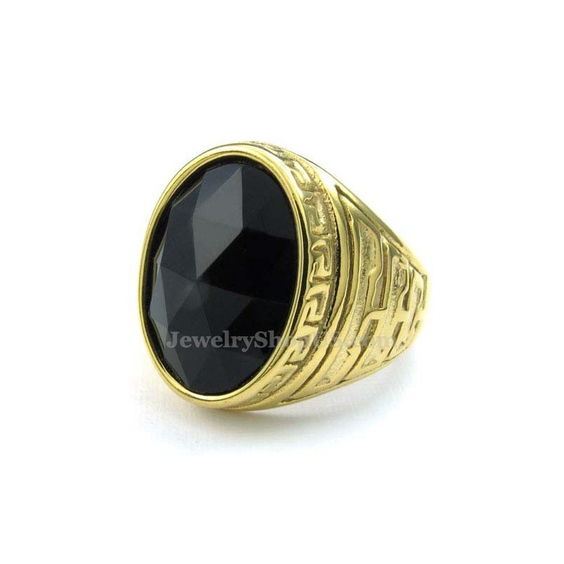 Anello Da Uomo In Titanio Dorato Con Zircone Nero Anello Da Uomo In Titanio Dorato Con Zircone Nero
