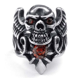 Anello A Forma Di Teschio In Titanio Con Zircone Rosso