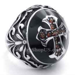 Anello Con Croce In Zircone Rosso Titanio